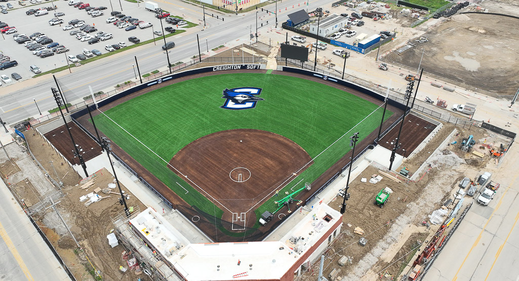 A bird's eye view of the new softball stadium in progress, facing northeast.