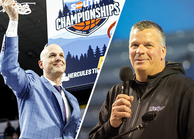 A coach raises a net and another coach speaks on the mic