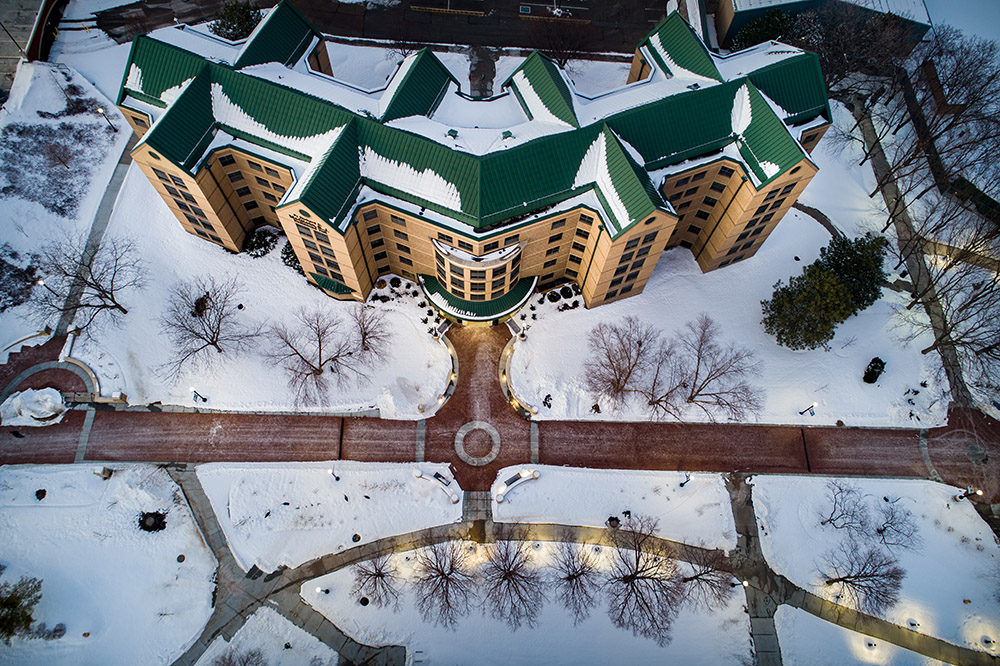 An overhead drone shot of McGloin Hall.