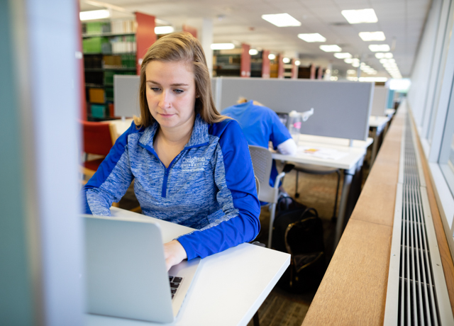 A student at a computer in the Reinert Alumni Memorial Library.