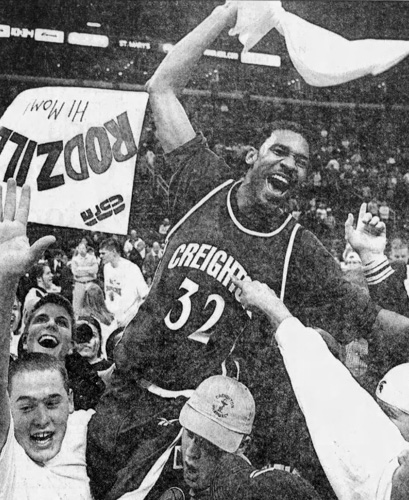 Rodney Buford after the Jays win the MVC Tournament in 1999.
