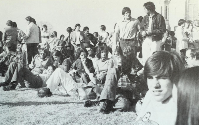 Students gather for an outdoor concert in the 1970s.