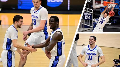 A collage of photos from a basketball game