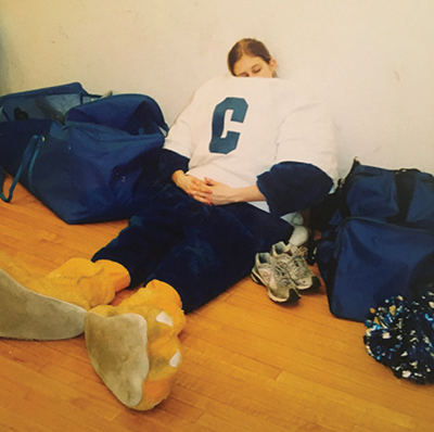 Jen Muir catching a nap as Billy Bluejay Jen Muir catching a nap as Billy Bluejay