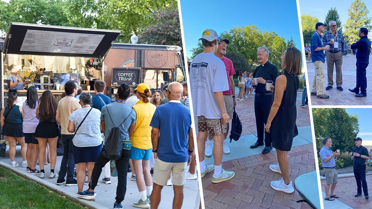 Creighton Days 2025 Java Jesuits A collage of photos of Jesuits and alumni chatting