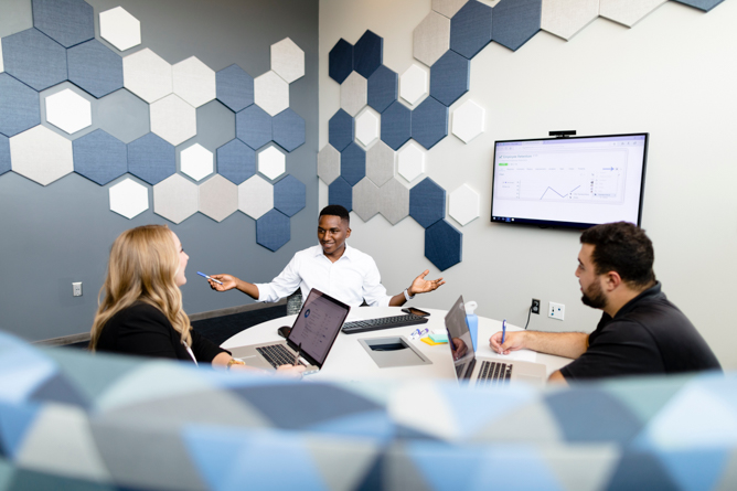 Students meeting in the Harper Center.