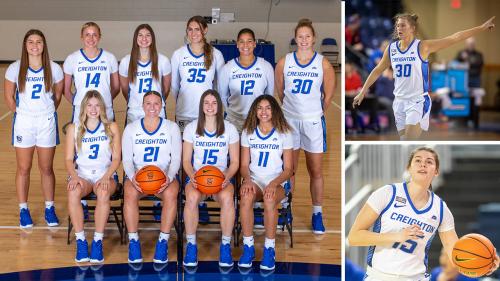 One team photo and two individual photos of Creighton women's basketball players