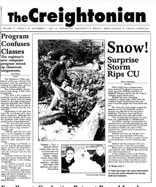 Creightonian headline of the snowstorm in 1997
