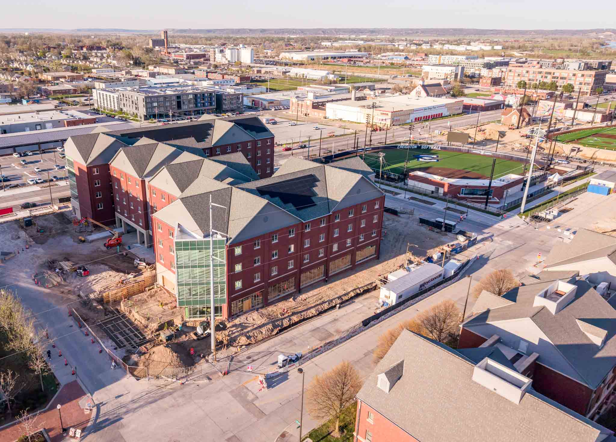 An aerial photo of campus construction