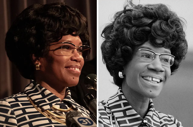 Regina King as Shirley Chisholm, left, next to an image of the real Shirley Chisholm.