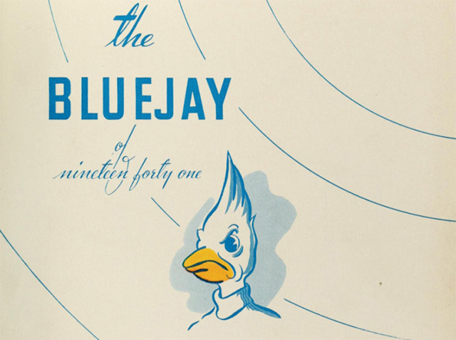 An illustration of Billy Bluejay in the 1941 Bluejay yearbook
