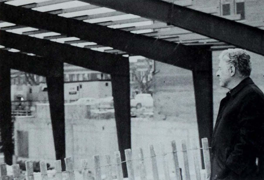 Fr. Carl Reinert, SJ, inspects the KFC construction. As president and fundraiser, Reinert oversaw one of Creighton's greatest periods of expansion.