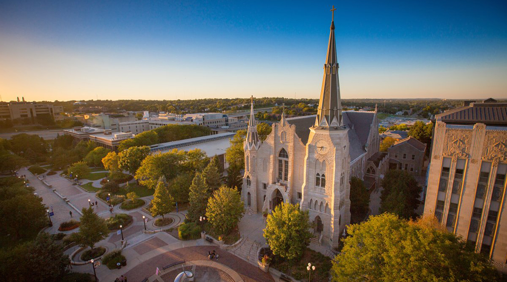 Aerial view of St. John's Church on Creighton's campus