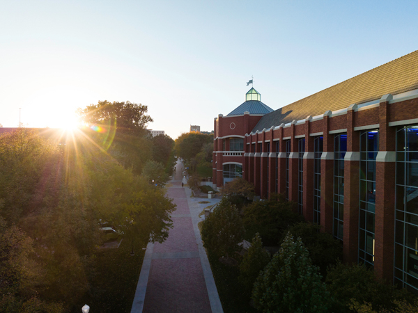 Harper Center facing sunset