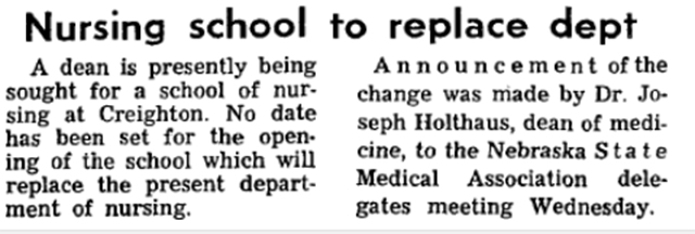 Creightonian clipping announces the new Nursing college at Creighton.