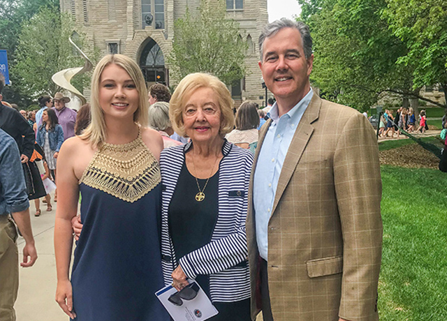 From left: Elizabeth “Lizzie” Erftmier, BA’18; Adelaide Herbert Erftmier, BSPHA’60; and Don Erftmier Jr., BSBA’87, on the day Elizabeth graduated.