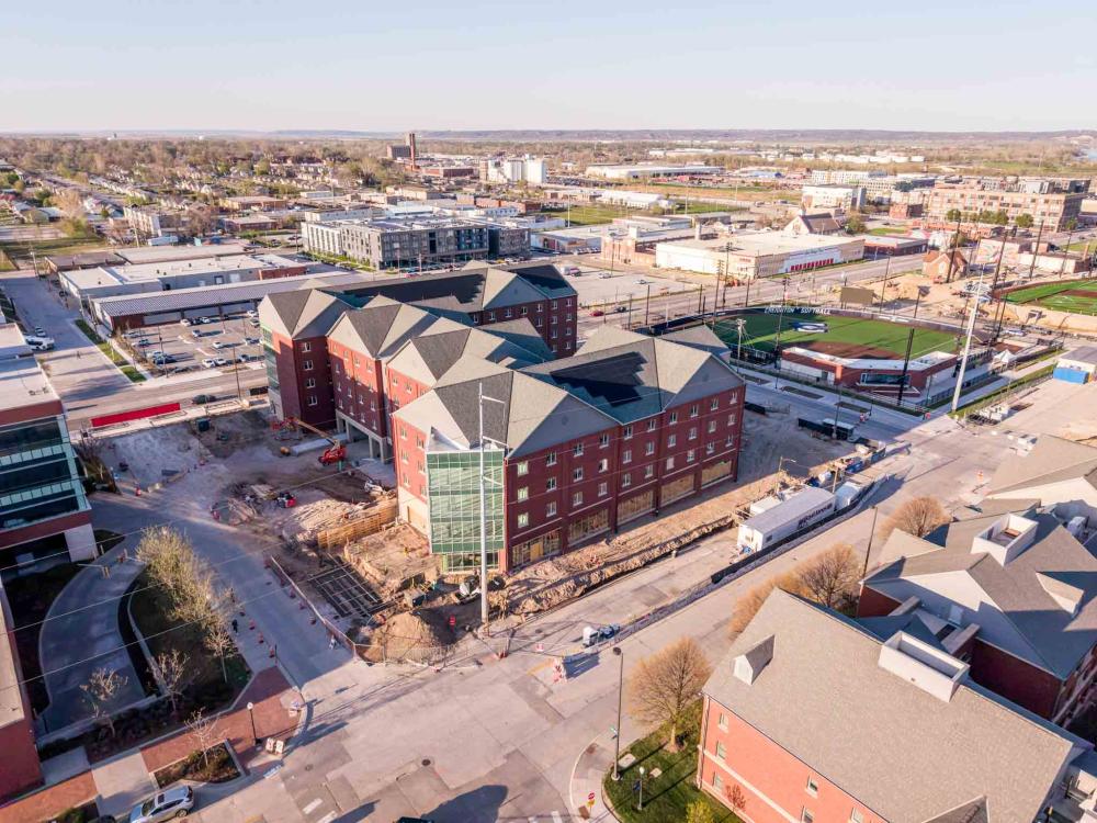 An aerial photo of a building