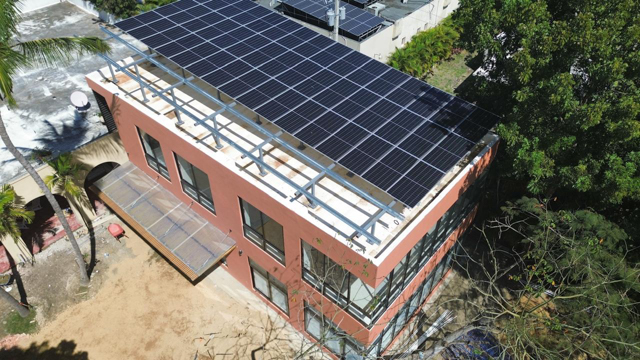 Solar panels on the new facility's roof.