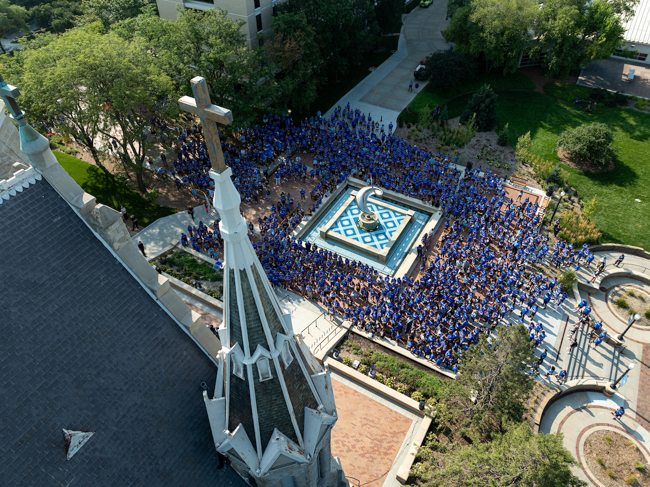 Image of Pathway from drone camera, facing toward the fountain in front of St. John's.