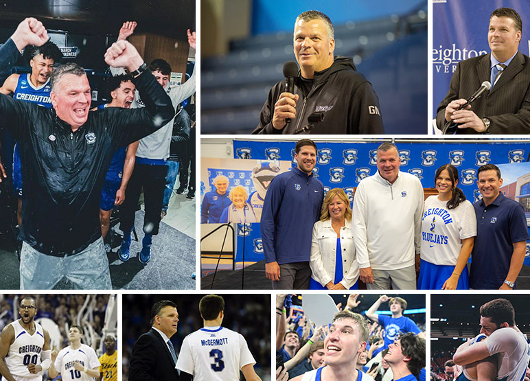 A collage of celebratory Creighton basketball photos through the years