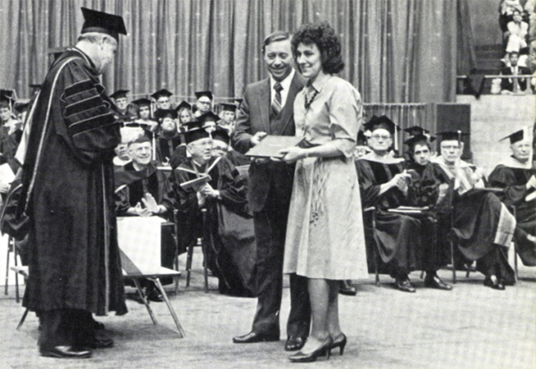 Edward and Alice Ramaekers accepting Jerry Pfeifer’s degree at Creighton commencement in 1986.