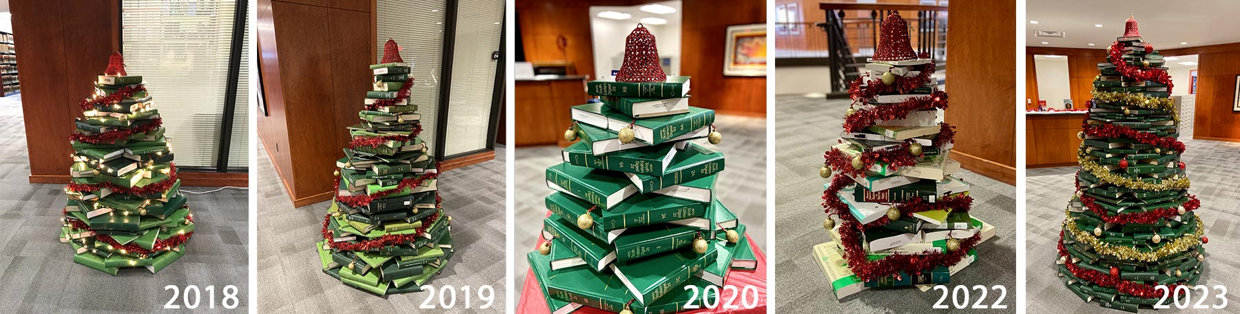 Five photos of a Christmas trees made out of books