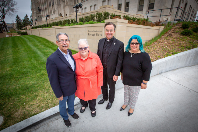 From left: Gilbert Soto, Kathy Keough Soto, Creighton President Rev. Daniel Hendrickson, SJ, PhD, and Laura Soto in front of Keough Plaza.