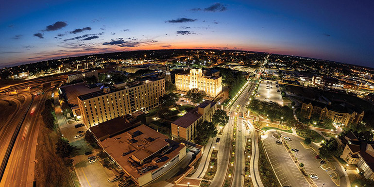 Nightime shot of campus.