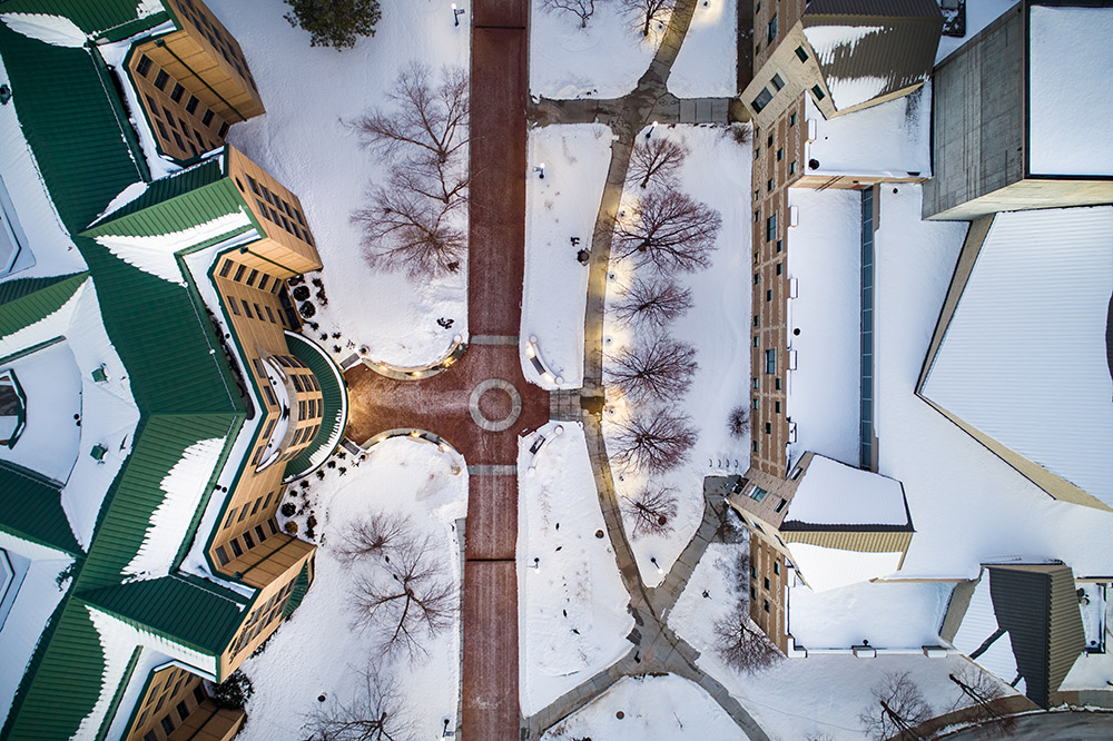 An overhead drone shot of McGloin Hall.