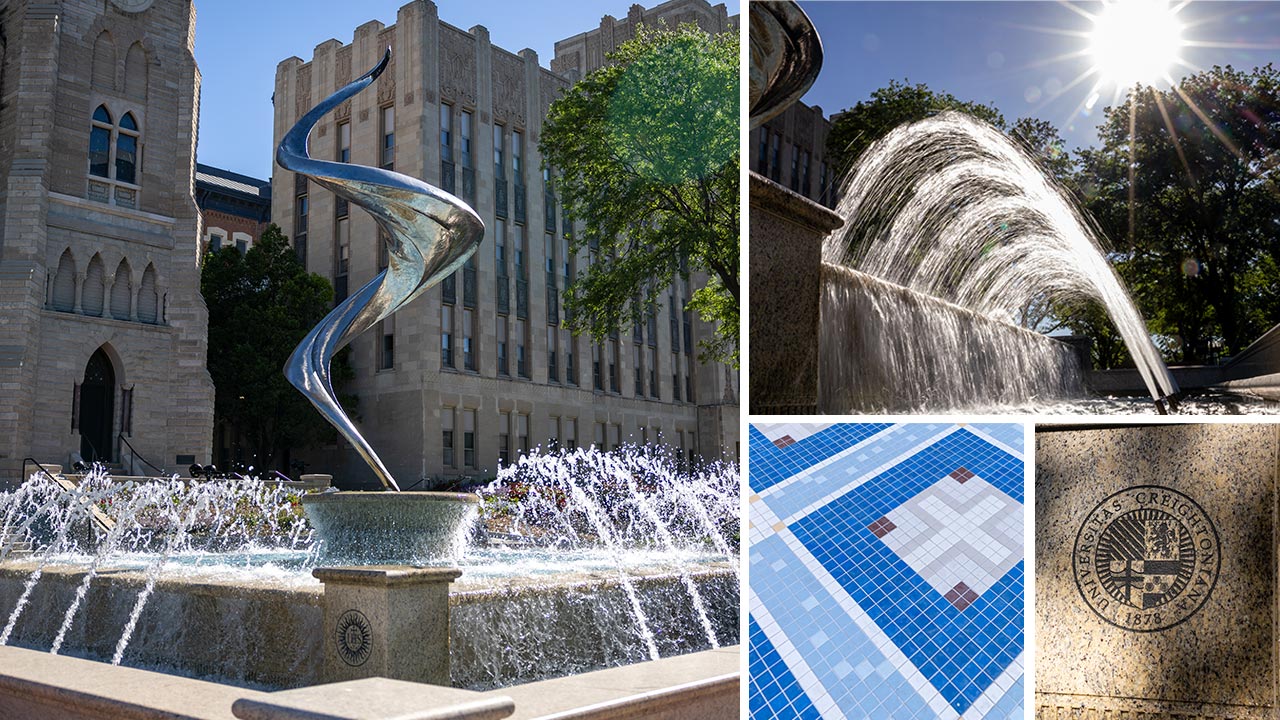 A collage of photos of a fountain in front of a church