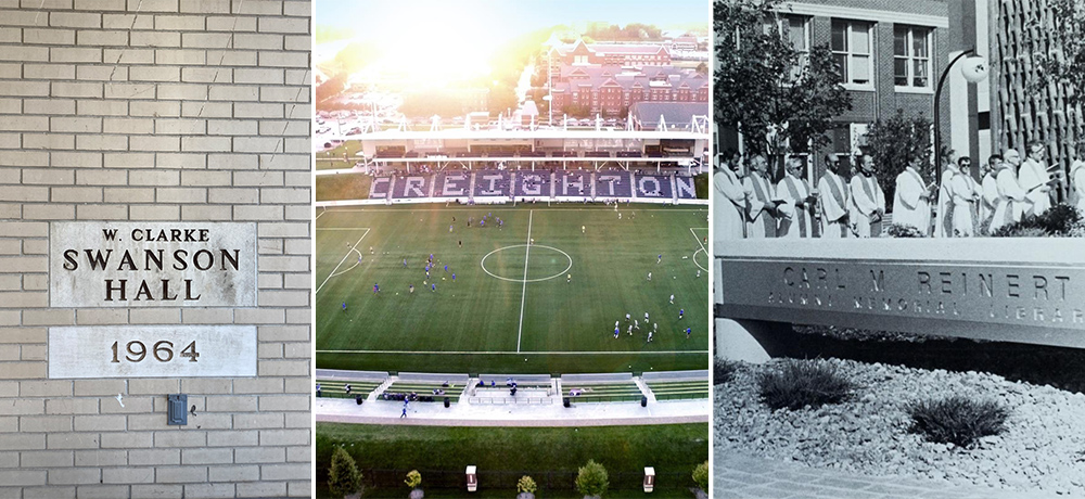 Images of Swanson Hall cornerstone, Morrison Stadium and the Reinert-Alumni Library.