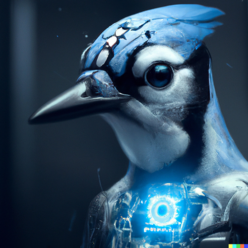 An artificial intelligence turning into a bluejay, digital art