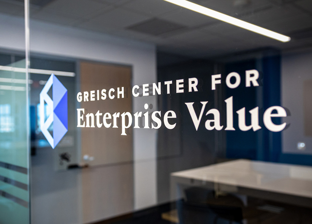 Greisch Center for Enterprise Value sign in the Harper Center.