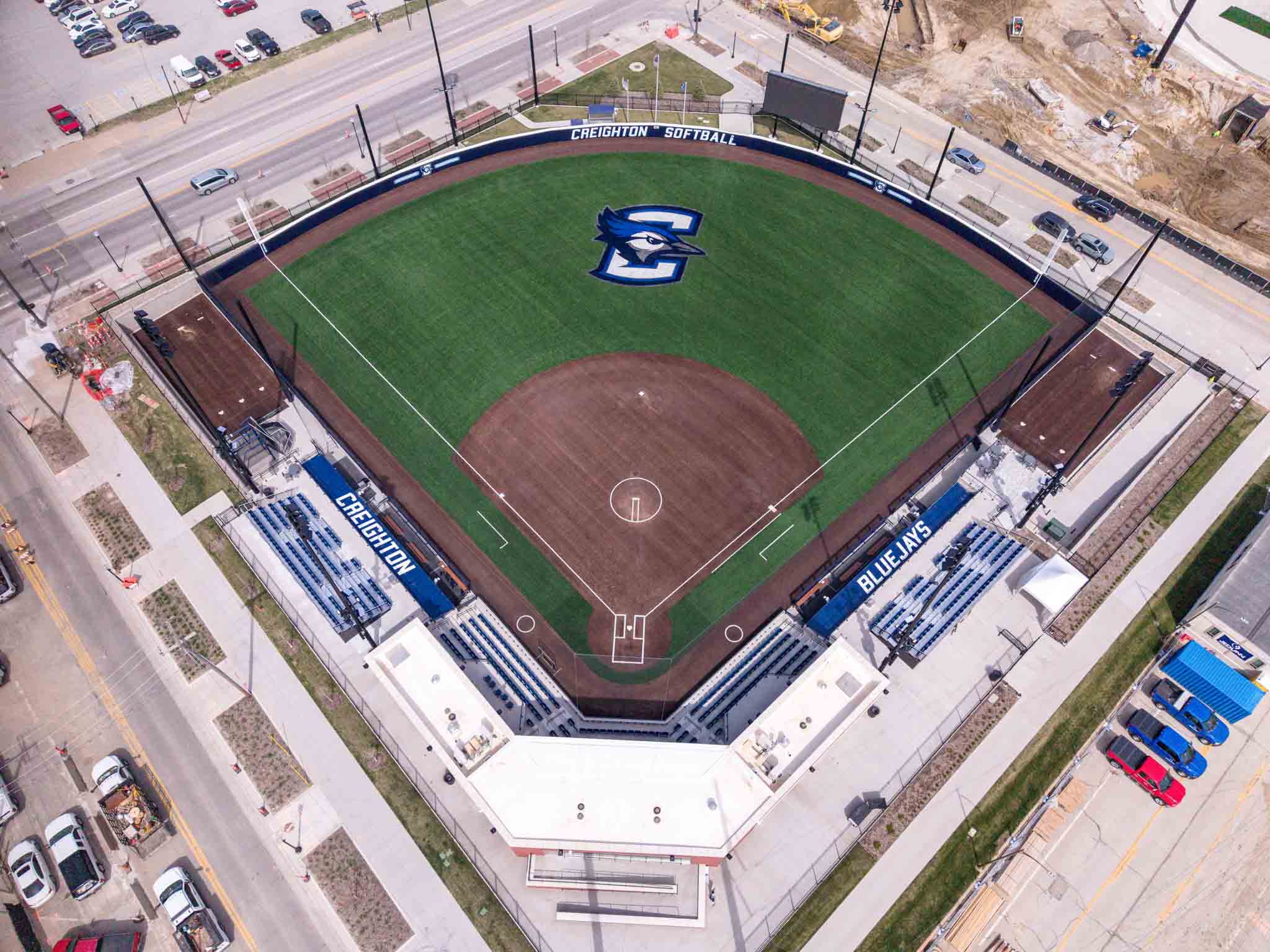 An aerial photo of a softball field