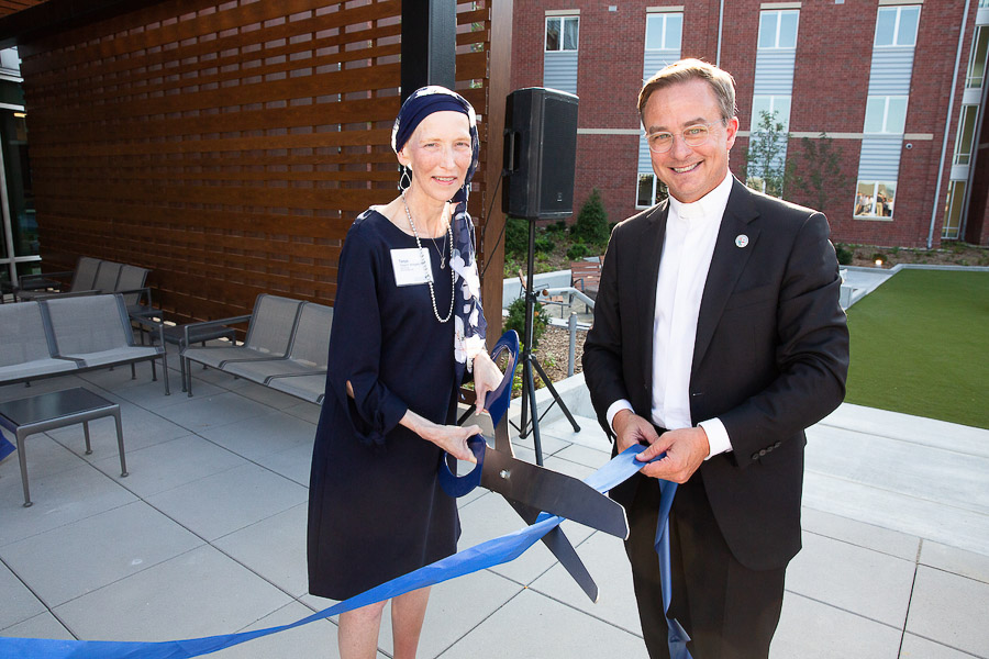 Tanya Winegard, PhD, Vice Provost for Student Life, and Fr. Hendrickson at the Graves Hall dedication ceremony.