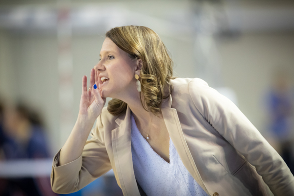 Creighton coach Kirsten Bernthal Booth instructs her team during a match.