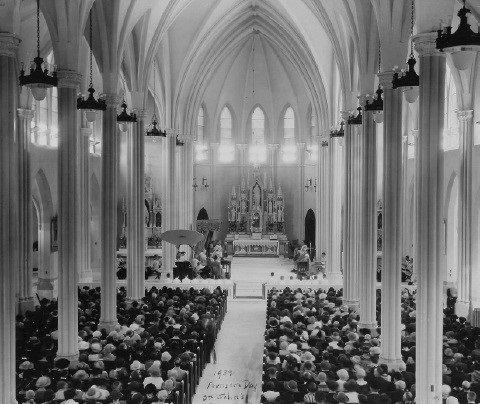 Black and white photo of the interior of St. John's Church. Black and white photo of the interior of St. John's Church.