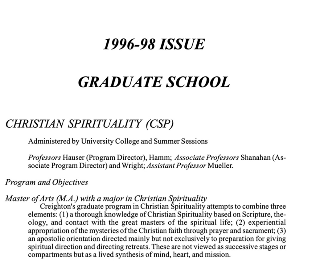 A page about the Christian Spirituality Program from a 1996-98 graduate school booklet