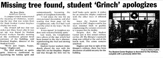 Creightonian headline about returned tree.