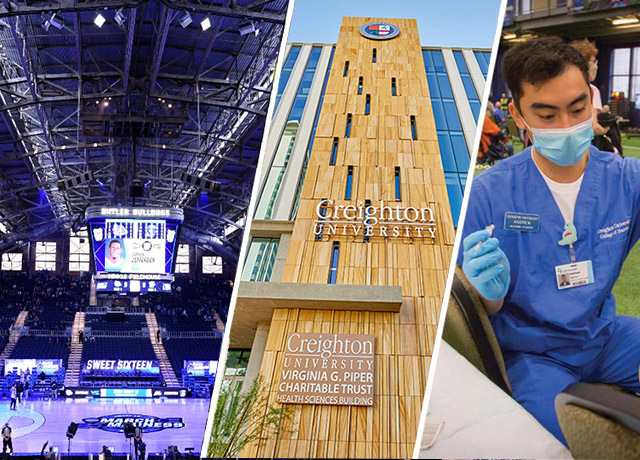 A collection of photos from Creighton, including a men's basketball game, the Phoenix campus and the vaccine clinic.