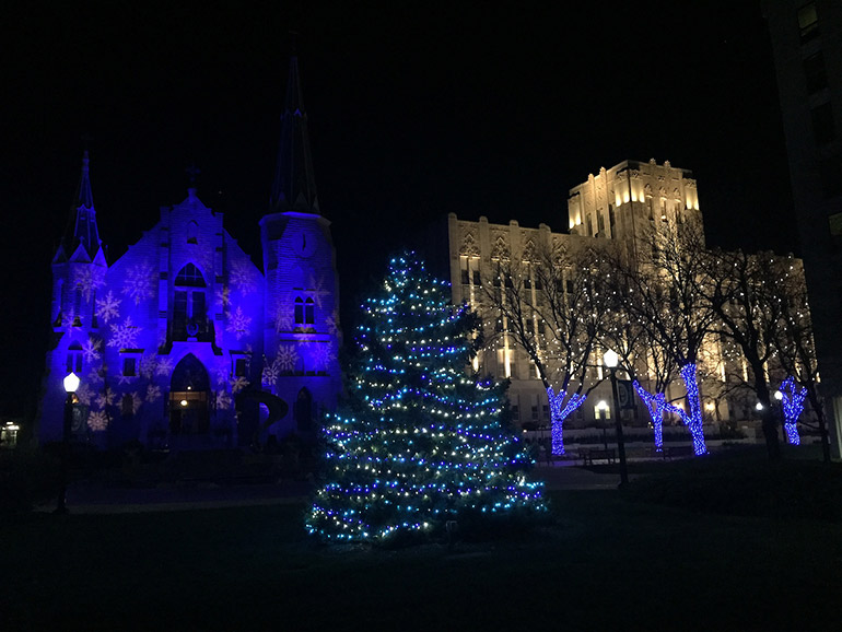 St. John's and Creighton Hall at Christmas-time.