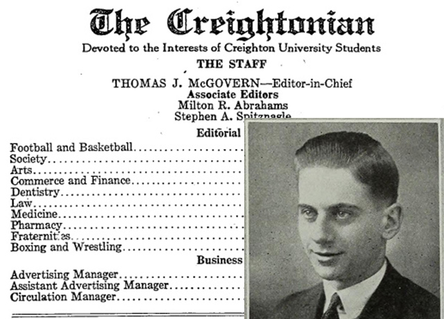 Milt Abrhams photo on top of a 1925 Creightonian staff listing.