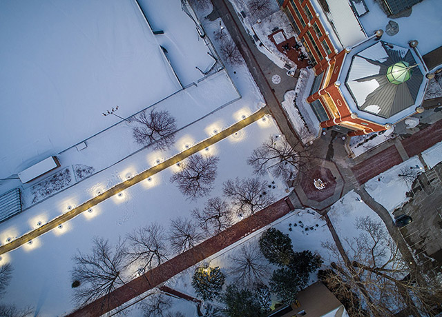 A drone shot of the Harper Center facing straight down.