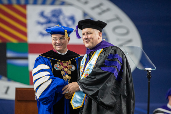 Creighton President the Rev. Daniel S. Hendrickson, SJ, PhD, with Badell Creighton's School of Law commencement in May 2025.