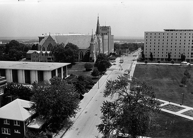 An image of Creighton's campus before California St. became the Mall.