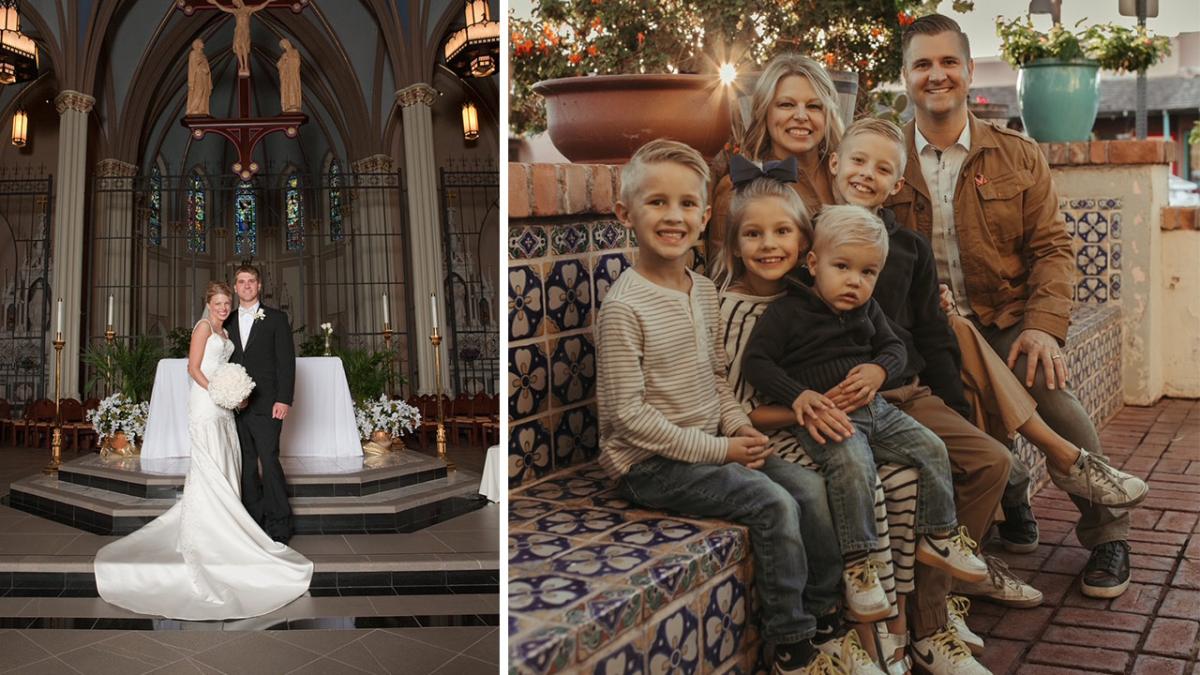 An old photo of a bride and groom and a photo of their family with kids