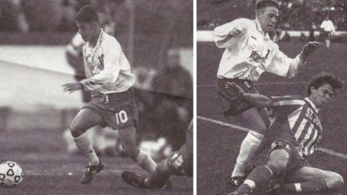 Two photos of soccer action