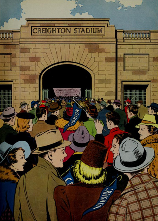1940s yearbook illustration of Creighton Stadium