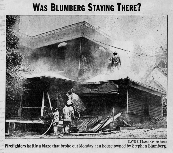 Image of Blumberg's house on fire in newspaper clipping. 