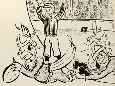Illustration of Billy Bluejay scoring touchdown from Blue Jay yearbook.